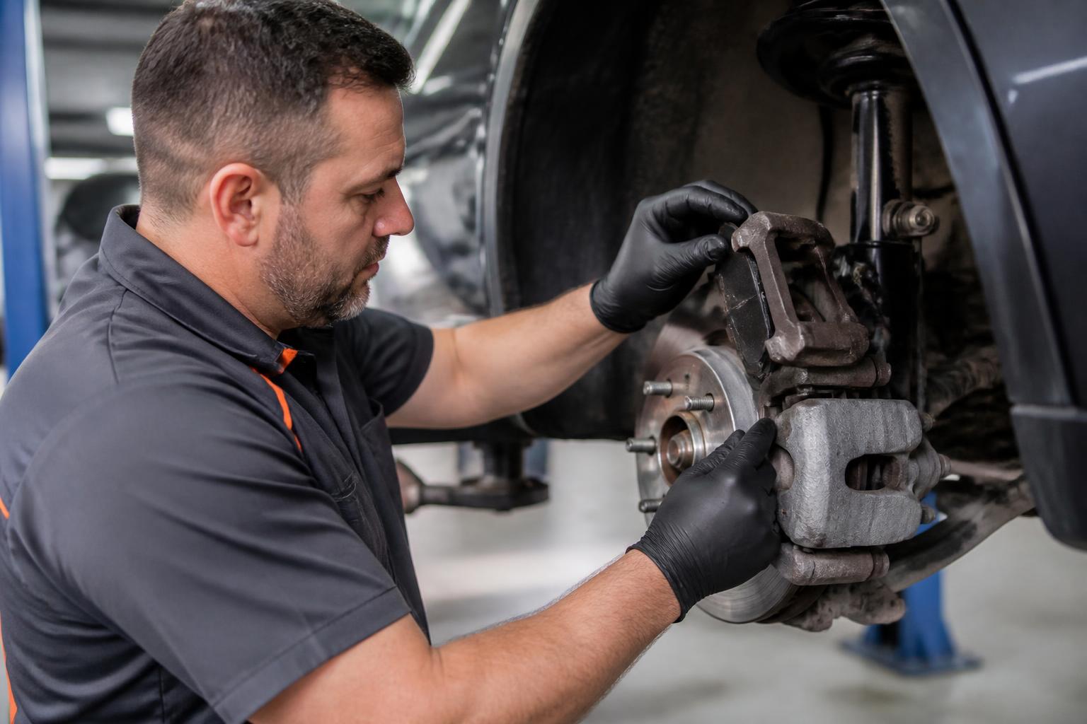 Technician replacing brake pads