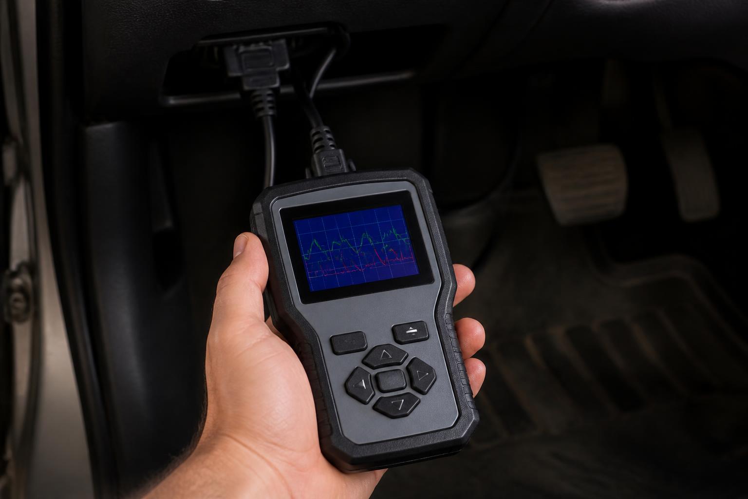 Scan tool plugged into a dashboard port