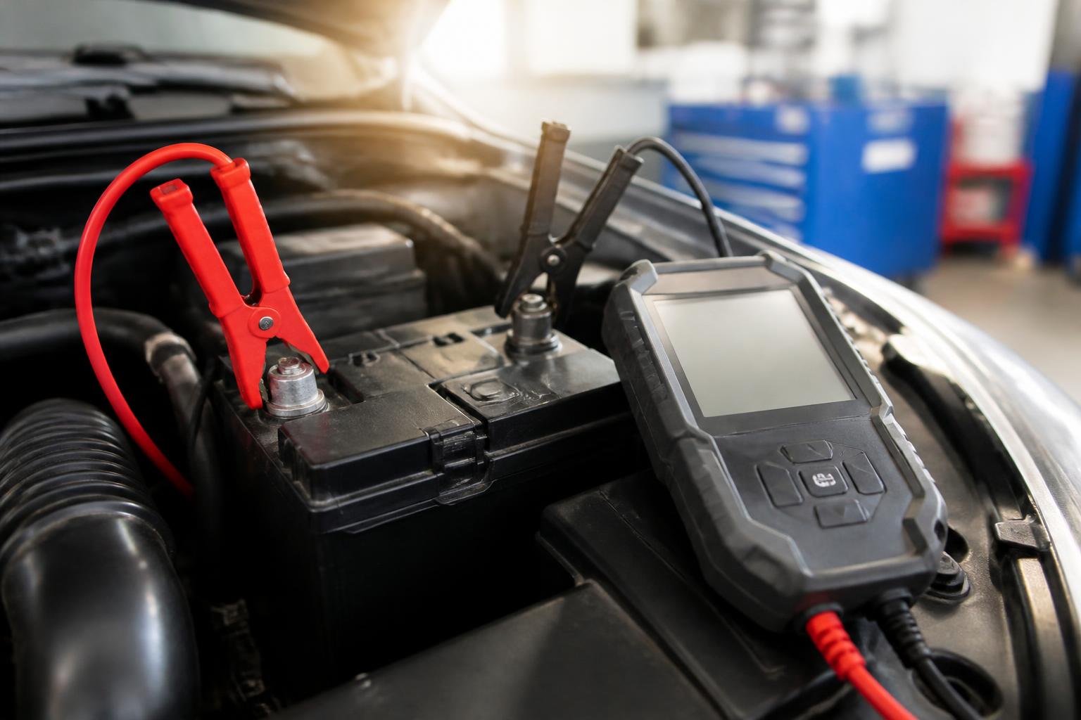 Technician testing a car battery